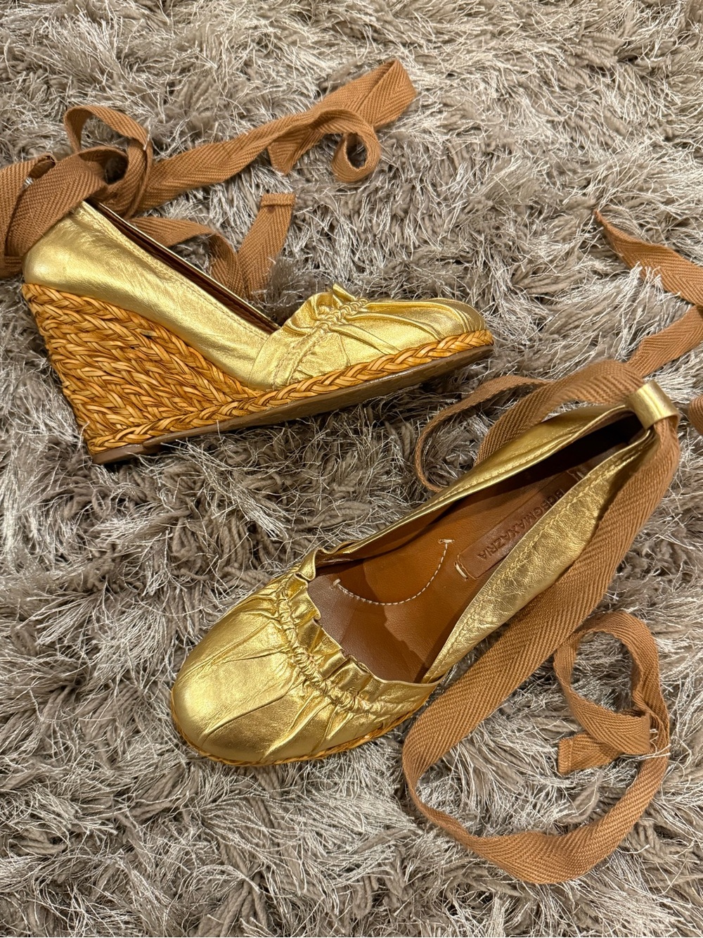 BCBGMaxAzria Metallic Gold Woven Raffia Wedges